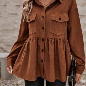 SHEIN Emery Rose Flap Pocket Drop Shoulder Peplum Corduroy Jacket